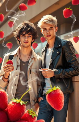 A vibrant, dreamy scene featuring two stylish young men in a modern urban setting, inspired by the essence of strawberries and cigarettes