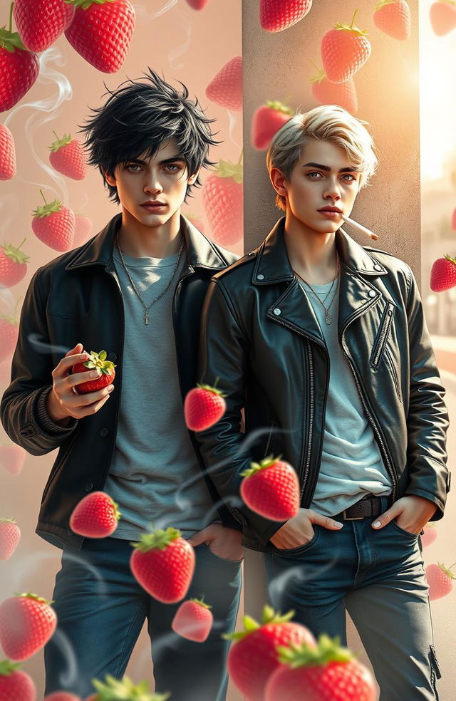 A vibrant, dreamy scene featuring two stylish young men in a modern urban setting, inspired by the essence of strawberries and cigarettes