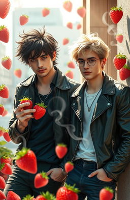 A vibrant, dreamy scene featuring two stylish young men in a modern urban setting, inspired by the essence of strawberries and cigarettes