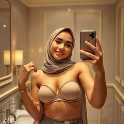 A realistic image of a young Muslim woman wearing a hijab, posing playfully in front of a mirror while taking a selfie with a real iPhone 12