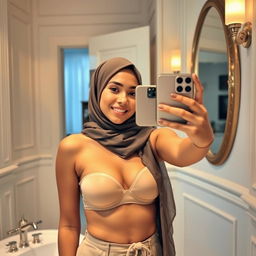 A realistic image of a young Muslim woman wearing a hijab, posing playfully in front of a mirror while taking a selfie with a real iPhone 12