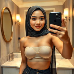 A realistic image of a young Muslim woman wearing a hijab, posing playfully in front of a mirror while taking a selfie with a real iPhone 12