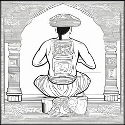 Line art of a full-view man, kneeling from the back, dressed in traditional indigenous Mayan clothing, raising a jar filled with incense in his hands