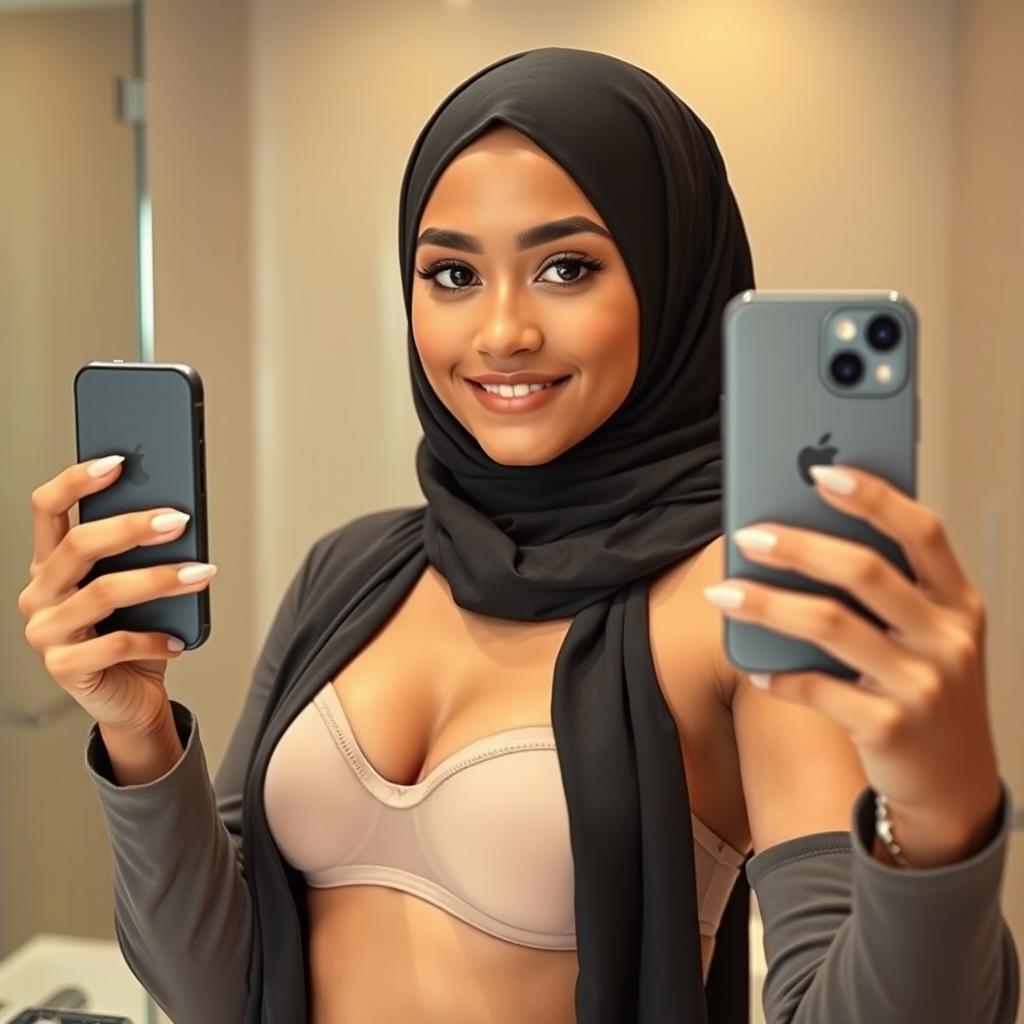 A realistic image of a young Muslim woman wearing a hijab, posing playfully in front of a mirror while taking a selfie with a real iPhone 12