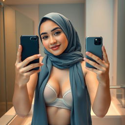 A realistic image of a young Muslim woman wearing a hijab, posing playfully in front of a mirror while taking a selfie with a real iPhone 12