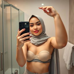 A realistic image of a young Muslim woman wearing a hijab, posing playfully in front of a mirror while taking a selfie with a real iPhone 12