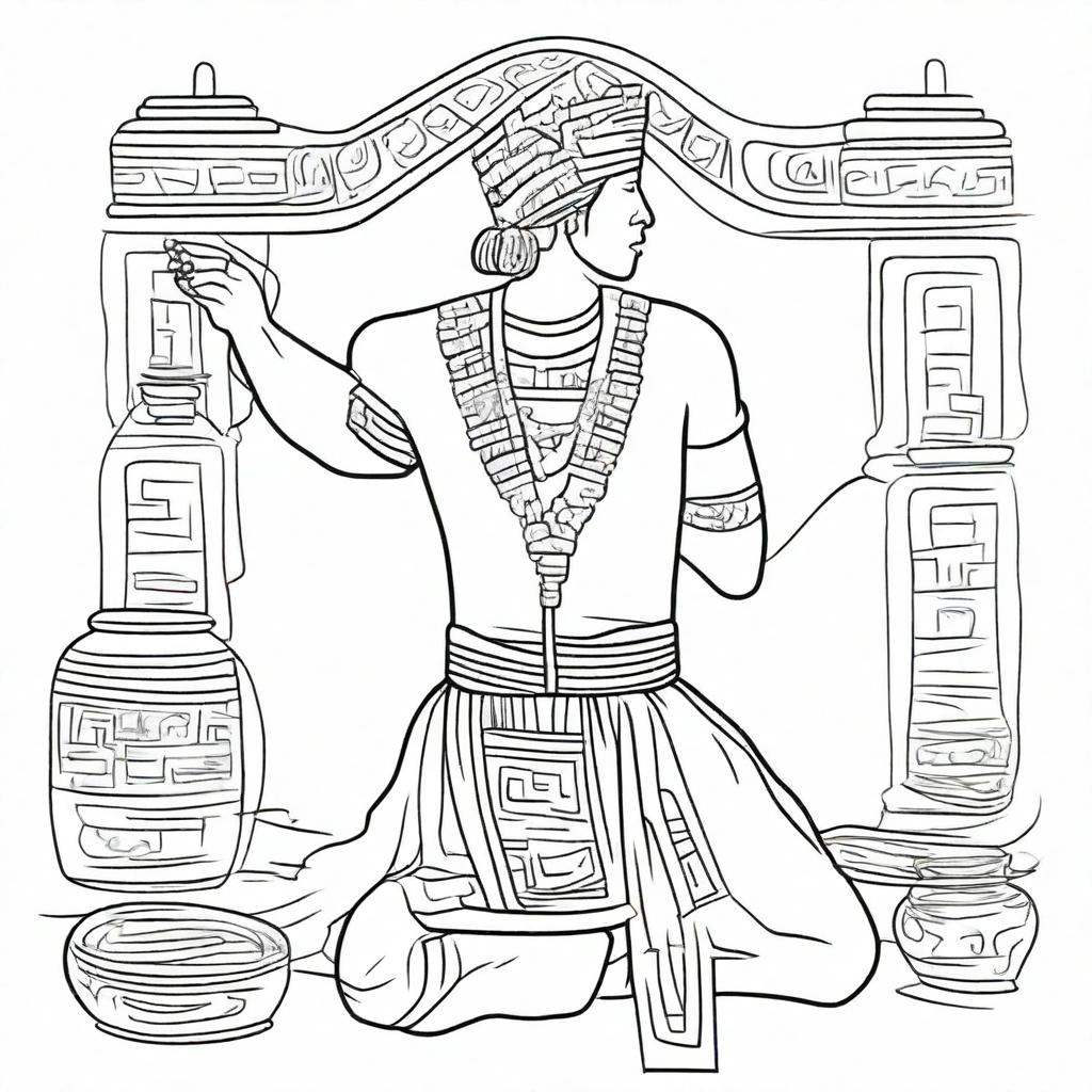 Line art of a full-view man, kneeling from the back, dressed in traditional indigenous Mayan clothing, raising a jar filled with incense in his hands