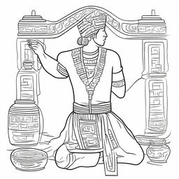 Line art of a full-view man, kneeling from the back, dressed in traditional indigenous Mayan clothing, raising a jar filled with incense in his hands