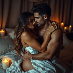 A sensual scene showcasing two attractive adults engaged in an intimate embrace, conveying deep passion and connection