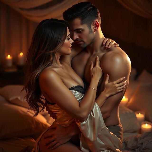 A sensual scene showcasing two attractive adults engaged in an intimate embrace, conveying deep passion and connection