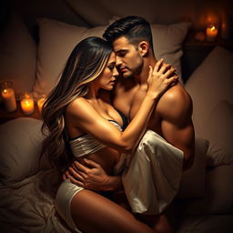 A sensual scene showcasing two attractive adults engaged in an intimate embrace, conveying deep passion and connection