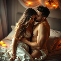 A sensual scene showcasing two attractive adults engaged in an intimate embrace, conveying deep passion and connection