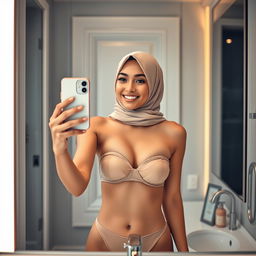 A realistic image of a young Muslim woman wearing a hijab, taking a playful selfie in front of a mirror with a real iPhone 12