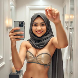 A realistic image of a young Muslim woman wearing a hijab, taking a playful selfie in front of a mirror with a real iPhone 12