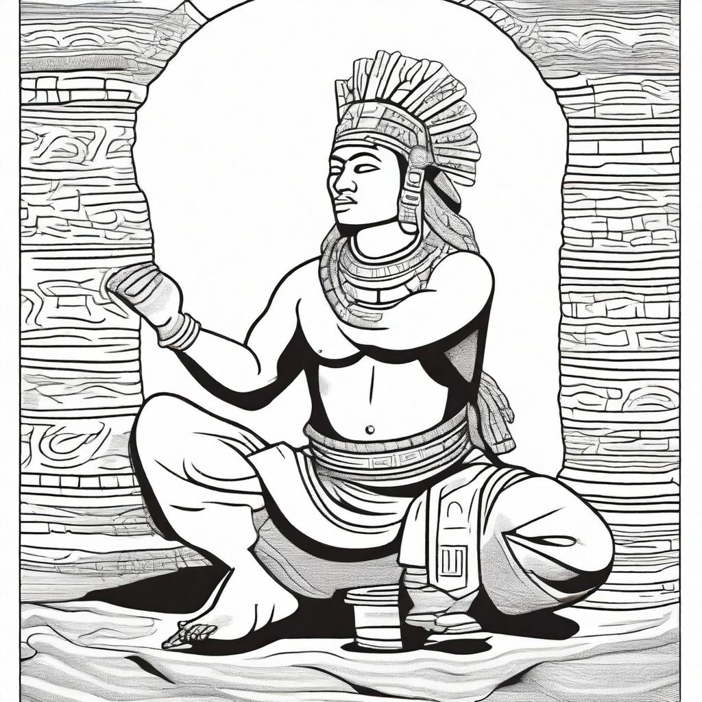 Line art of a complete man, kneeling and garbed in traditional indigenous Mayan attire, raising a jar filled with incense with his arms