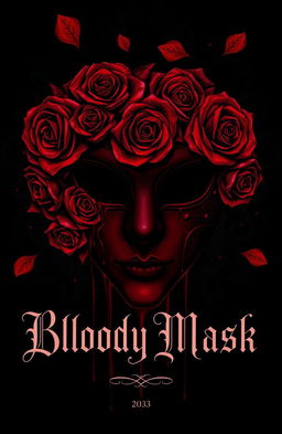 A striking and artistic illustration of a mask adorned with intricate rose designs that seamlessly merge with blood, creating a dramatic and evocative scene