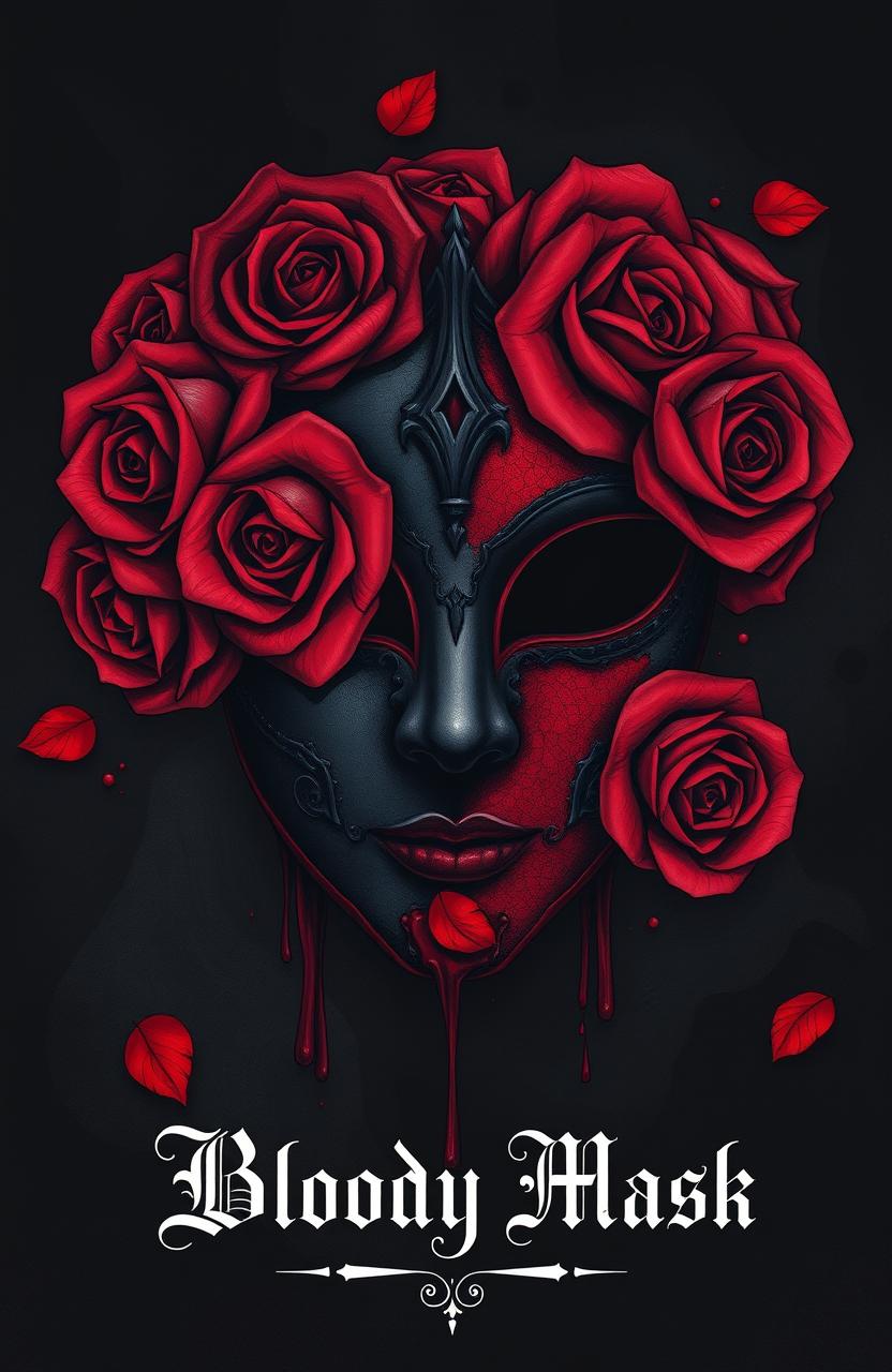 A striking and artistic illustration of a mask adorned with intricate rose designs that seamlessly merge with blood, creating a dramatic and evocative scene