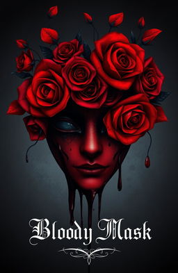 A striking and artistic illustration of a mask adorned with intricate rose designs that seamlessly merge with blood, creating a dramatic and evocative scene