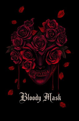 A striking and artistic illustration of a mask adorned with intricate rose designs that seamlessly merge with blood, creating a dramatic and evocative scene