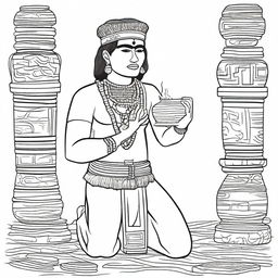 Line art of a complete man, kneeling and garbed in traditional indigenous Mayan attire, raising a jar filled with incense with his arms