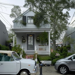 A small, charming house with a front area bustling with various types of vehicles.