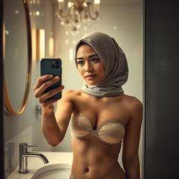 A realistic image of a young Muslim woman wearing a hijab, capturing a moment in front of a mirror while taking a selfie with a real iPhone 12