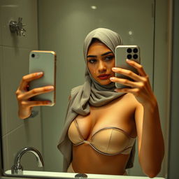A realistic image of a young Muslim woman wearing a hijab, capturing a moment in front of a mirror while taking a selfie with a real iPhone 12
