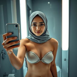 A realistic image of a young Muslim woman wearing a hijab, capturing a moment in front of a mirror while taking a selfie with a real iPhone 12