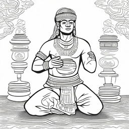 Line art of a complete man, kneeling and garbed in traditional indigenous Mayan attire, raising a jar filled with incense with his arms