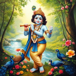 An intricately detailed painting of Lord Sri Krishna, depicted playfully standing in a lush green forest, surrounded by vibrant flowers and peacocks