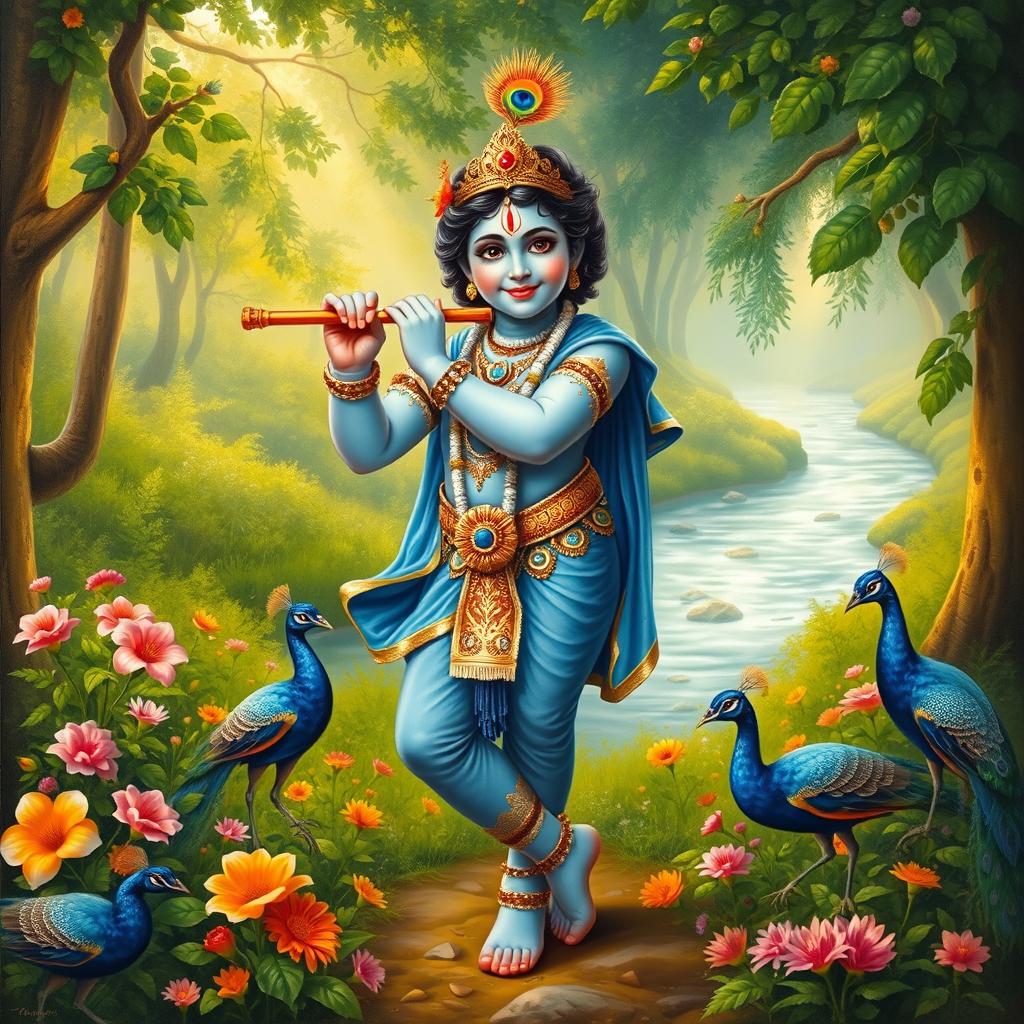 An intricately detailed painting of Lord Sri Krishna, depicted playfully standing in a lush green forest, surrounded by vibrant flowers and peacocks