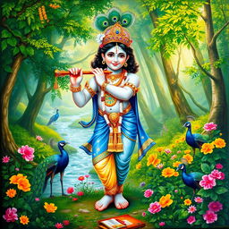 An intricately detailed painting of Lord Sri Krishna, depicted playfully standing in a lush green forest, surrounded by vibrant flowers and peacocks