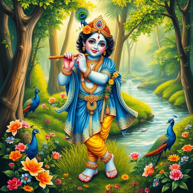 An intricately detailed painting of Lord Sri Krishna, depicted playfully standing in a lush green forest, surrounded by vibrant flowers and peacocks