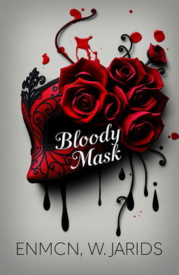 A beautifully detailed half mask designed with intricate patterns and adorned with deep red roses intertwined with dark blood-like stains