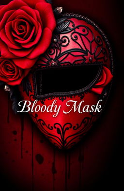 A beautifully detailed half mask designed with intricate patterns and adorned with deep red roses intertwined with dark blood-like stains