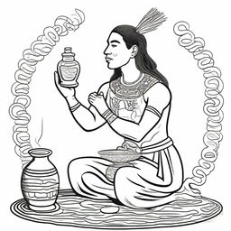 Line art of a complete man, kneeling and garbed in traditional indigenous Mayan attire, raising a jar filled with incense with his arms