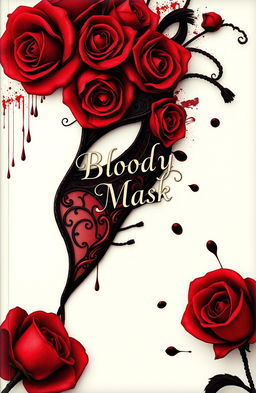 A beautifully detailed half mask designed with intricate patterns and adorned with deep red roses intertwined with dark blood-like stains