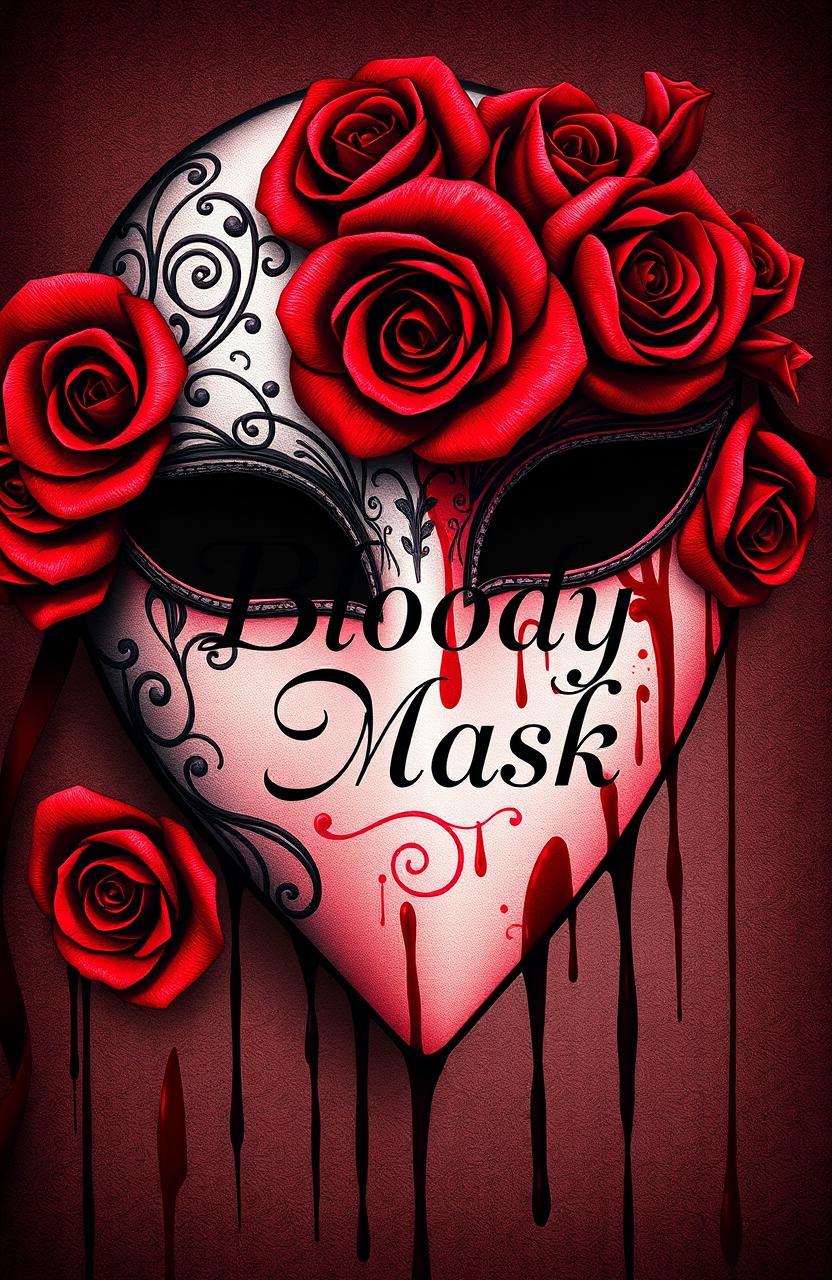 A beautifully detailed half mask designed with intricate patterns and adorned with deep red roses intertwined with dark blood-like stains