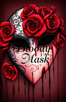 A beautifully detailed half mask designed with intricate patterns and adorned with deep red roses intertwined with dark blood-like stains