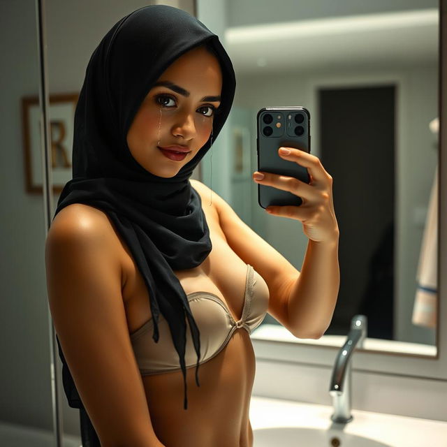 A realistic image of a young Muslim woman wearing a hijab, taking a mirror selfie with a real iPhone 12