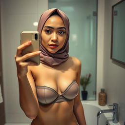 A realistic image of a young Muslim woman wearing a hijab, taking a mirror selfie with a real iPhone 12