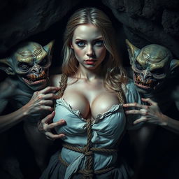 A scene depicting a white woman from the 1700s with very big breasts, shiny blonde hair, trapped in a dark cave