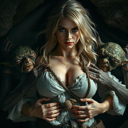 A scene depicting a white woman from the 1700s with very big breasts, shiny blonde hair, trapped in a dark cave