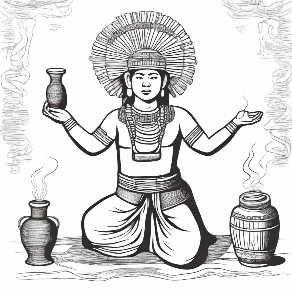 A full drawing of a man kneeling, dressed in traditional indigenous Mayan attire, with arms raised holding a jar filled with incense