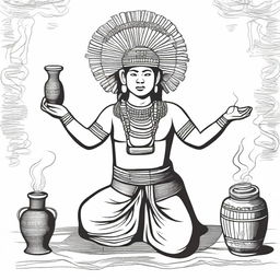 A full drawing of a man kneeling, dressed in traditional indigenous Mayan attire, with arms raised holding a jar filled with incense