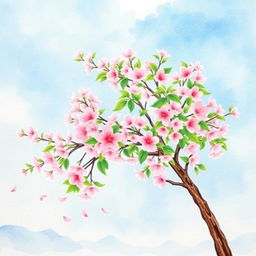 A beautiful watercolor painting of a cherry blossom tree in full bloom, showcasing delicate pink flowers against a soft blue sky