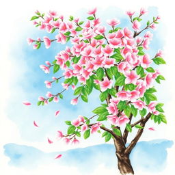 A beautiful watercolor painting of a cherry blossom tree in full bloom, showcasing delicate pink flowers against a soft blue sky