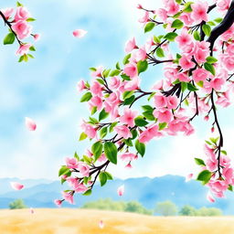 A beautiful watercolor painting of a cherry blossom tree in full bloom, showcasing delicate pink flowers against a soft blue sky