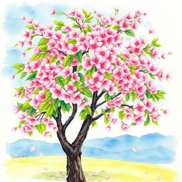 A beautiful watercolor painting of a cherry blossom tree in full bloom, showcasing delicate pink flowers against a soft blue sky