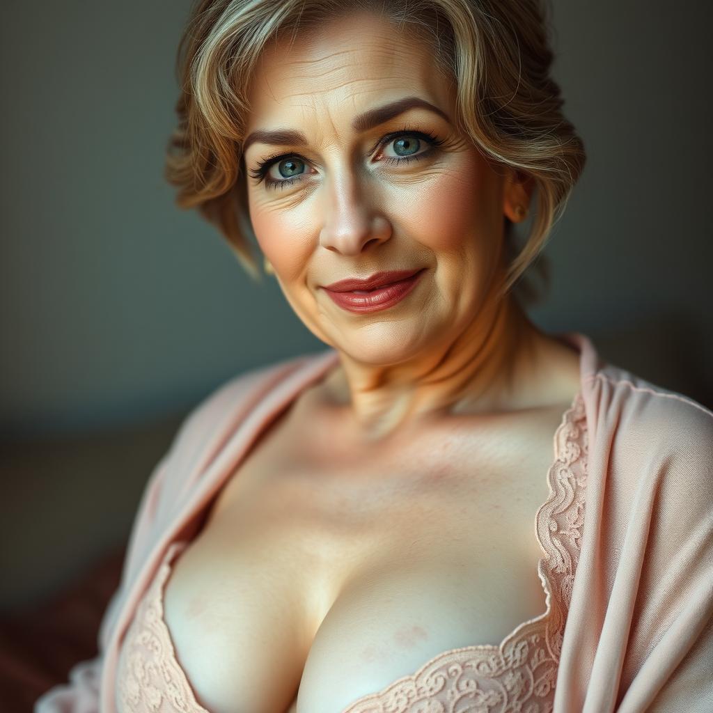 A close-up artistic portrait of an elegant middle-aged woman with a confident expression, showcasing her saggy breasts gracefully